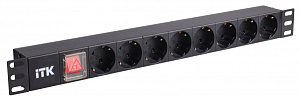  ITK PDU 8 розеток нем. стандарт, с LED выключателем, 1U, шнур 2м вилка нем. стандарт, алюминиевый профиль