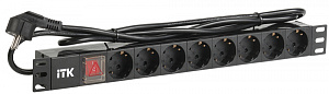  ITK PDU 8 розеток DIN49440 (нем. станд.) с LED выключателем, 1U, шнур 2м вилка DIN49441 (нем. станд.), профиль из ПВХ, черный
