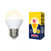  LED-G45-7W/WW/E27/FR/NR Лампа светодиодная. Форма "шар", матовая. Серия Norma. Теплый белый свет (3000K). Картон. ТМ Volpe