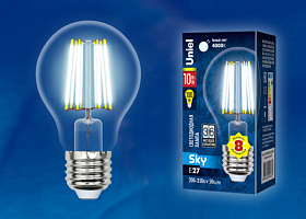  LED-A60-10W/NW/E27/CL PLS02WH Лампа светодиодная. Форма "A", прозрачная. Серия Sky. Белый свет (4000K). Картон. ТМ Uniel