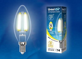  LED-C35-7,5W/WW/E14/CL GLA01TR Лампа светодиодная. Форма "свеча", прозрачная. Серия Air. Теплый белый свет (3000K). Картон. ТМ Uniel