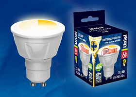  LED-JCDR 6W/WW/GU10/FR/DIM PLP01WH Лампа светодиодная, диммируемая. Форма «JCDR», матовая. Серия ЯРКАЯ. Теплый белый свет (3000K). Картон. ТМ Uniel