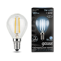  Лампа Gauss Filament Шар 7W 580lm 4100К Е14 LED 1/10/50