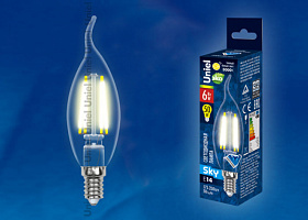  LED-CW35-6W/WW/E14/CL PLS02WH Лампа светодиодная. Форма "свеча на ветру", прозрачная. Серия Sky. Теплый белый свет. Картон. ТМ Uniel.