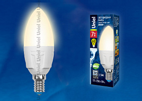  LED-C37 7W/WW/E14/FR PLP01WH Лампа светодиодная. Форма «свеча», матовая. Серия ЯРКАЯ. Теплый белый свет (3000K). Картон. ТМ Uniel