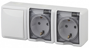  11-7403-01 ЭРА Блок две розетки+выключатель IP54, 16A(10AX)-250В, ОУ, Эра Эксперт, белый (5/50/800)