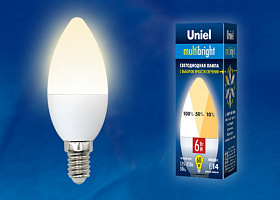  LED-C37-6W/WW/E14/FR/MB PLM11WH Лампа светодиодная. Форма «свеча», матовая. Серия Multibright. Теплый белый свет (3000K). 100-50-10. Картон. ТМ Uniel.