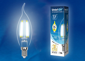  LED-CW35-7,5W/NW/E14/CL GLA01TR Лампа светодиодная. Форма "свеча на ветру", прозрачная. Серия Air. Белый свет (4000K). Картон. ТМ Uniel