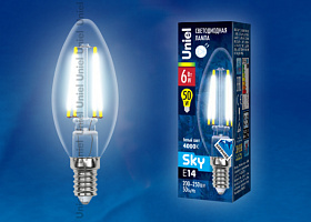  LED-C35-6W/NW/E14/CL PLS02WH Лампа светодиодная. Форма "свеча", прозрачная. Серия Sky. Белый свет. Картон. ТМ Uniel