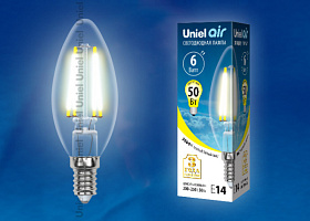  LED-C35-6W/WW/E14/CL GLA01TR Лампа светодиодная. Форма "свеча", прозрачная. Серия Air. Теплый белый свет (3000K). Картон. ТМ Uniel