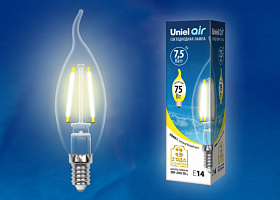  LED-CW35-7,5W/WW/E14/CL GLA01TR Лампа светодиодная. Форма "свеча на ветру", прозрачная. Серия Air. Теплый белый свет (3000K). Картон. ТМ Uniel