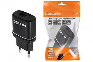  Сетевое зарядное устройство, СЗУ 3, 2,1 А, 1 USB, черный, TDM