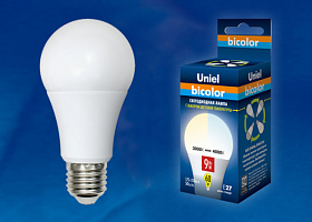  LED-A60-9W/WW+NW/E27/FR PLB01WH Лампа светодиодная. Форма «А», матовая. Серия Bicolor. Теплый белый свет - Белый свет. Картон. ТМ Uniel.