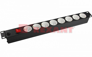  Блок розеток 19", 1U, 10А, 8 розеток, корпус сталь, без шнура питания