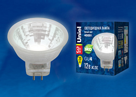  LED-MR11-3W/NW/GU4 GLZ21TR  Лампа светодиодная, 12V. Прозрачная. Белый свет (4000K). Картон. ТМ Uniel.